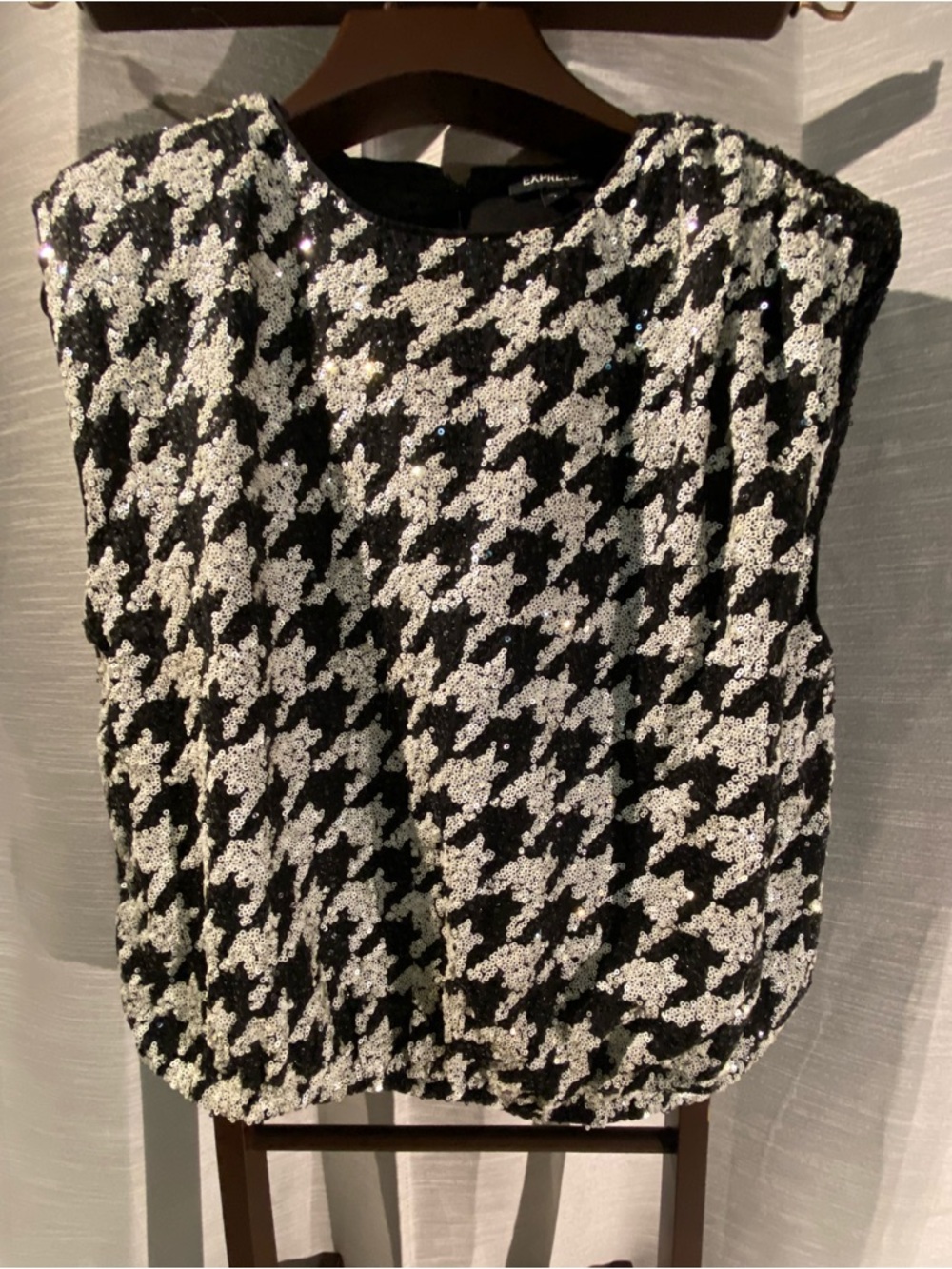Express Black & White Houndstooth Sequin Tank